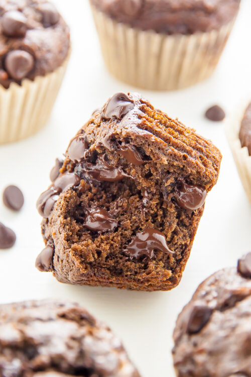 Healthy Double Chocolate Banana Muffins! Devilishly decadent and only 181 calories per serving.