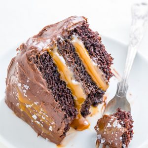 A slice of salted caramel chocolate cake on a plate.