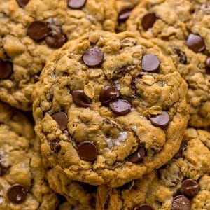 Oatmeal chocolate chips cookies in a stack.