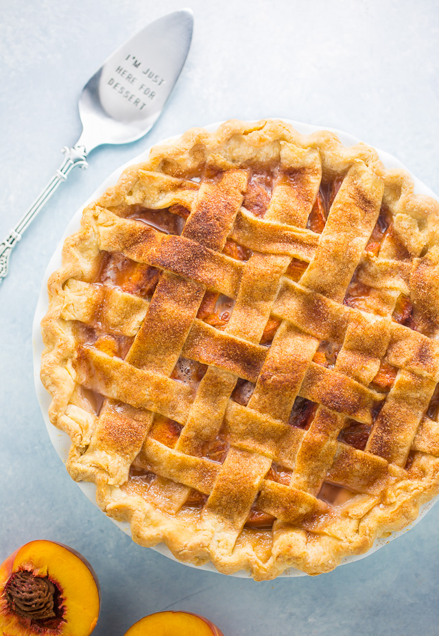 Whole Peach Pie with lattice crust.