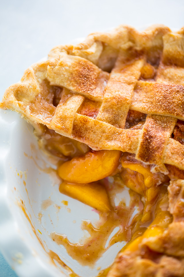 Peach pie with juicy peach filling.