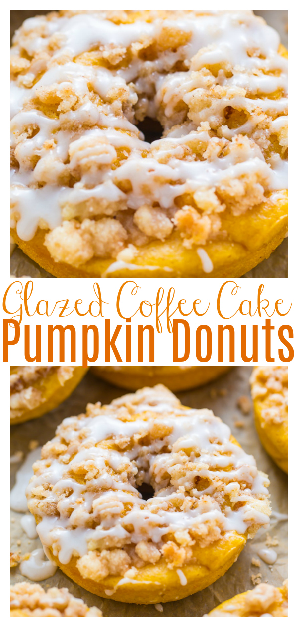 Pumpkin Coffee Cake Donuts are the ultimate Fall treat! Baked, not fried, and ready in less than 30 minutes. If you love pumpkin, you have to try these baked donuts!