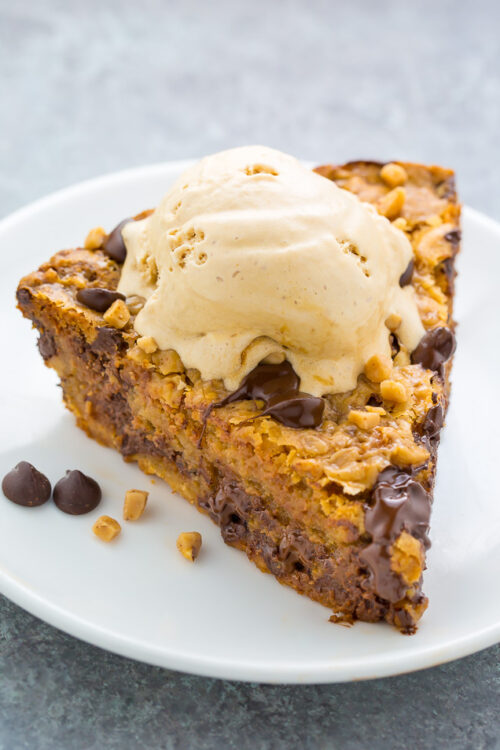 This Toffee Chocolate Chip Cookie Pie is thick, chewy, and just begging to be served with a scoop of ice cream!