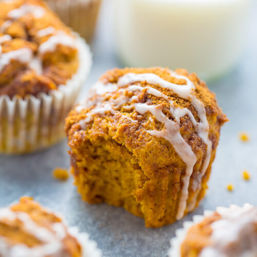 Sweet and simple Glazed Pumpkin Donut Muffins! Made with healthier ingredients so you can enjoy them guilt free. #vegan