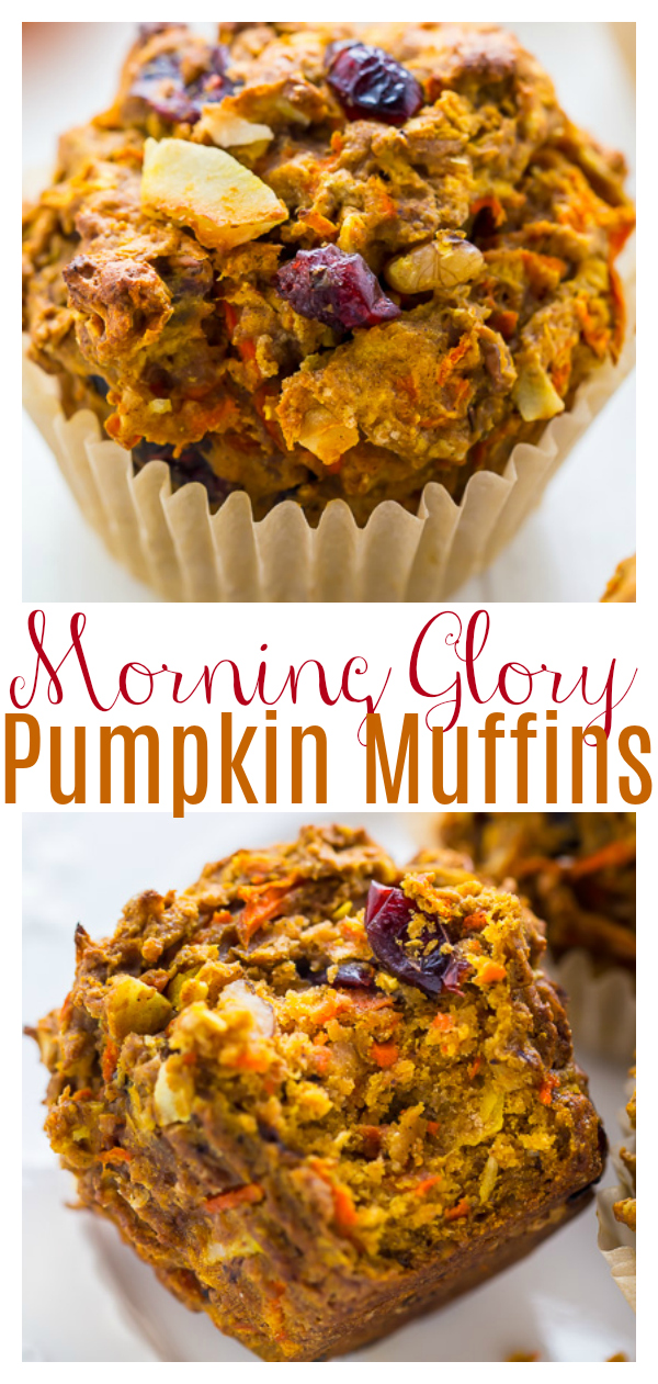 Pumpkin Morning Glory Muffins are healthy, hearty, and so delicious! Loaded with shredded carrots and apples, they're so moist! And dried cranberries, warm spices, and crunchy pecans make them extra delicious!