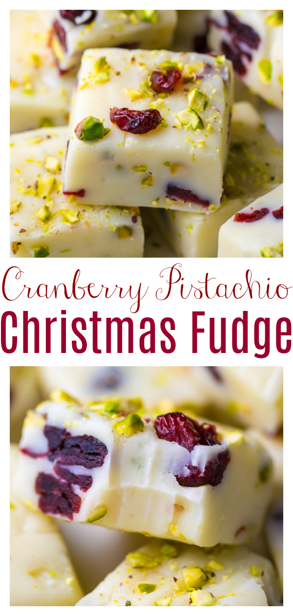 A super easy 6-ingredient recipe for White Chocolate Cranberry Pistachio Fudge! This simple holiday treat makes a great gift! This is a great Christmas fudge recipe!