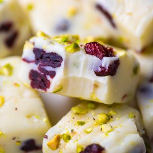 A super easy 6-ingredient recipe for White Chocolate Cranberry Pistachio Fudge!