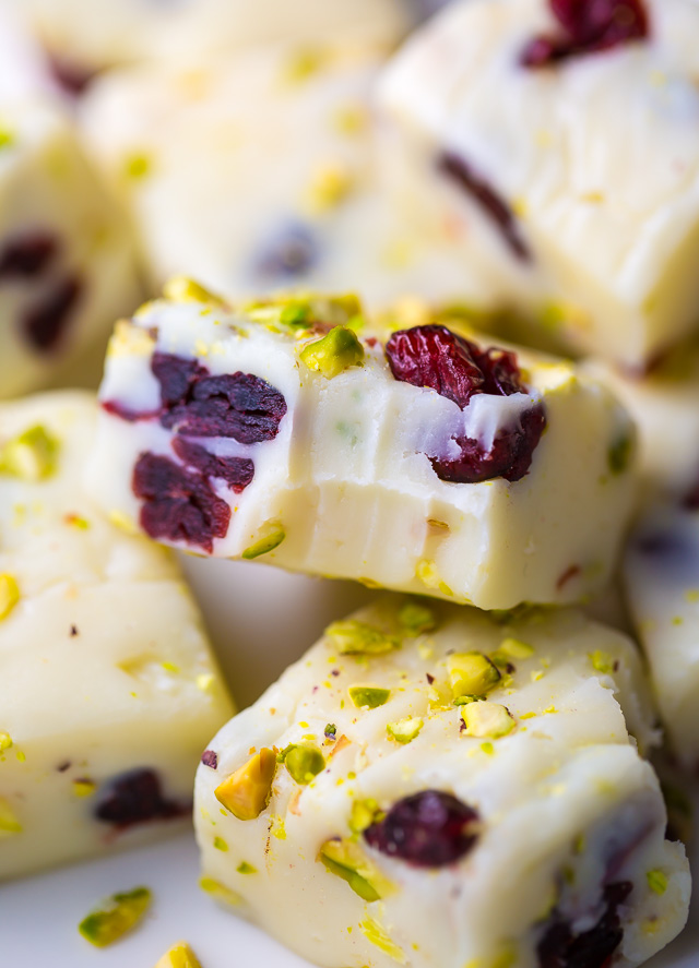 A super easy 6-ingredient recipe for White Chocolate Cranberry Pistachio Fudge!