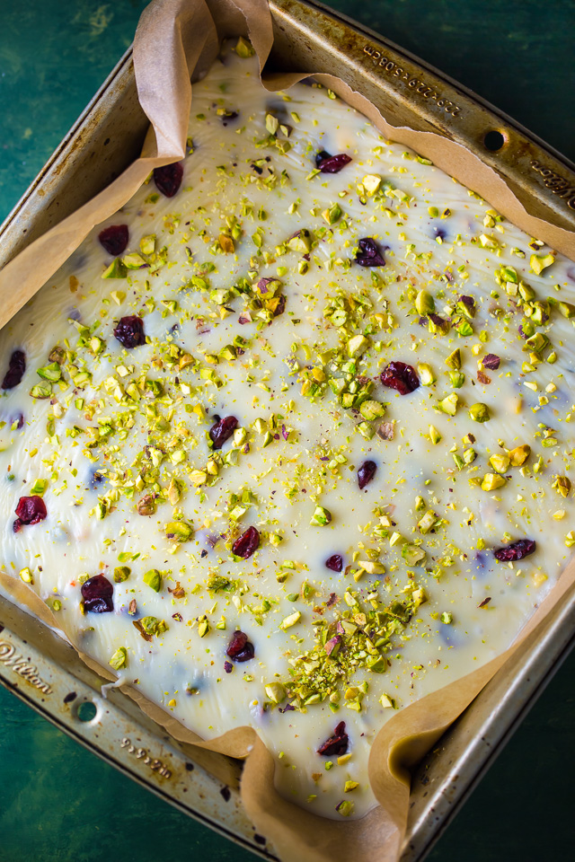 A super easy 6-ingredient recipe for White Chocolate Cranberry Pistachio Fudge!