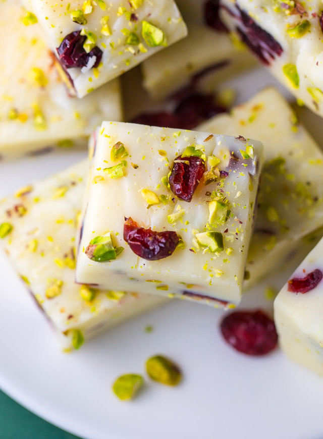 A super easy 6-ingredient recipe for White Chocolate Cranberry Pistachio Fudge!