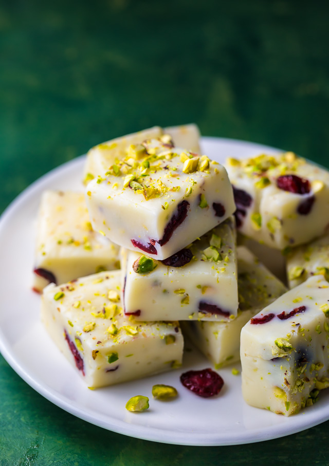 A super easy 6-ingredient recipe for White Chocolate Cranberry Pistachio Fudge!