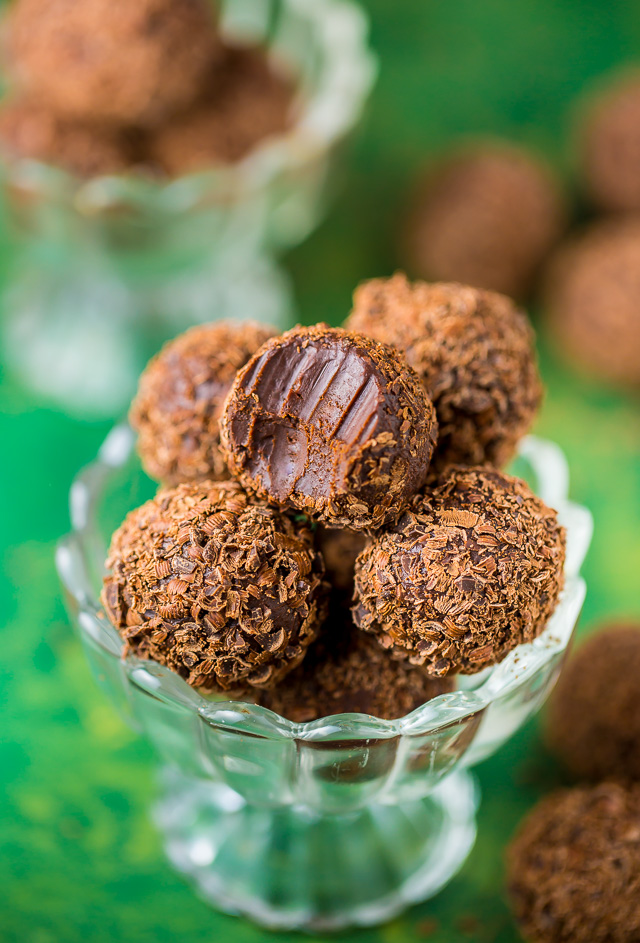 Kahlua Chocolate Truffles in glass candy dish.