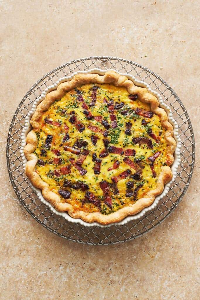 Baked Quiche Lorraine in pie plate.