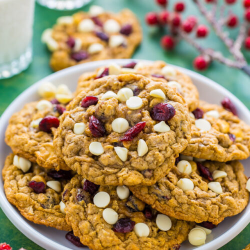 Chewy White Chocolate Cranberry Oatmeal Cookies! Perfect for Christmas baking.