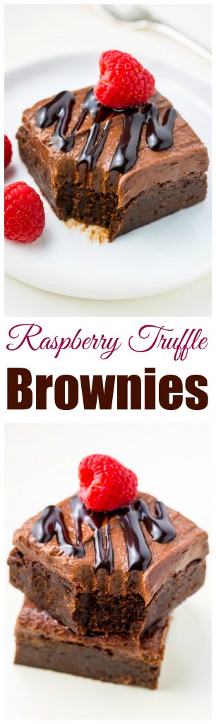 Raspberry Truffle Brownies feature a thick and chewy brownie base, chocolate raspberry frosting, and a chocolate drizzle!