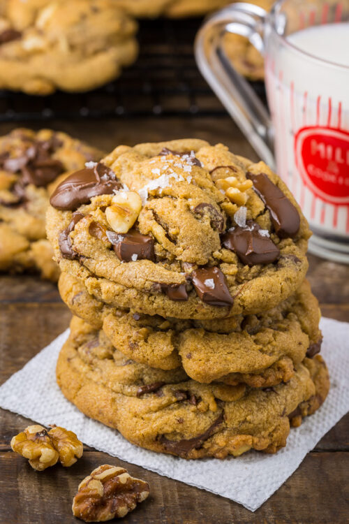 Gooey Brown Butter Walnut Chocolate Chunk Cookies with Sea Salt! These cookies are a powerhouse of FLAVOR.