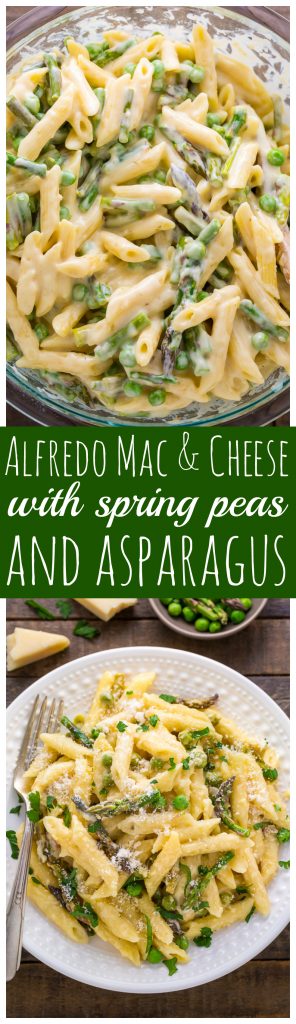 Creamy Alfredo Mac and Cheese loaded with Spring Peas and Asparagus! YUM.