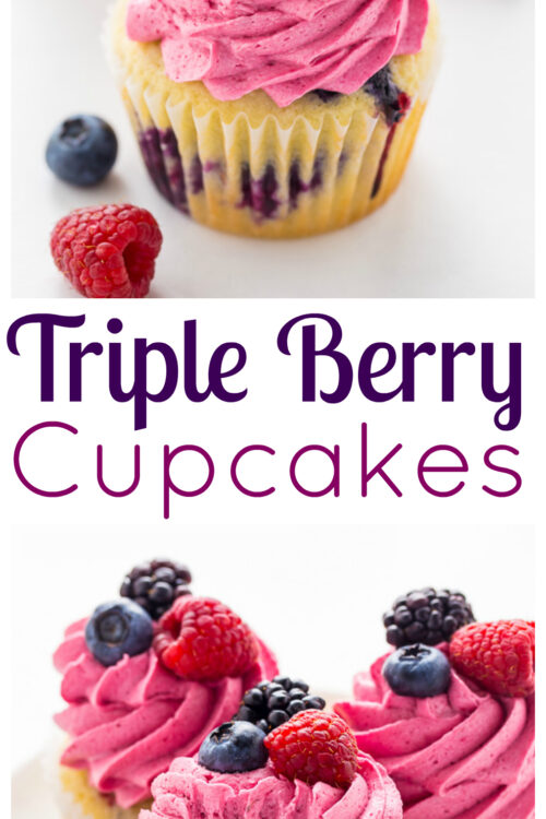 These Triple Berry Cupcakes are moist, fluffy, and bursting with fresh fruit in every bite.
