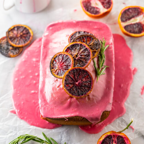This STUNNING Blood Orange Pound Cake is moist, flavorful, and covered in a vibrant blood orange glaze.