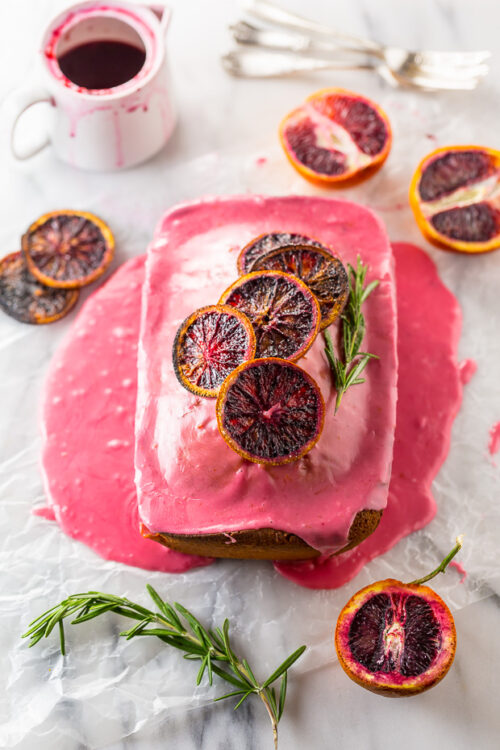 This STUNNING Blood Orange Pound Cake is moist, flavorful, and covered in a vibrant blood orange glaze.