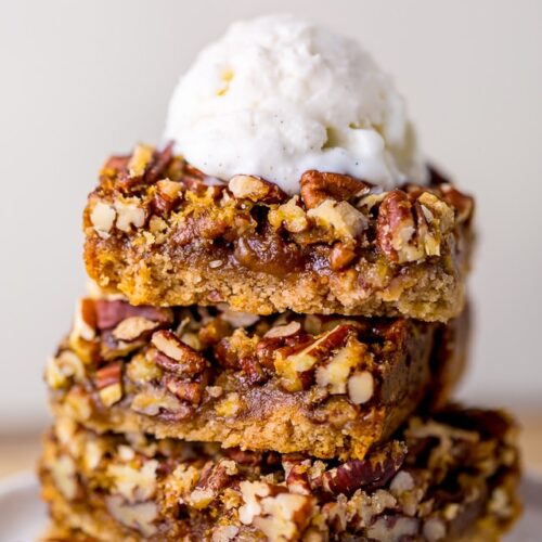 Thick and chewy Pecan Pie Bars! So good with a scoop of ice cream on top.