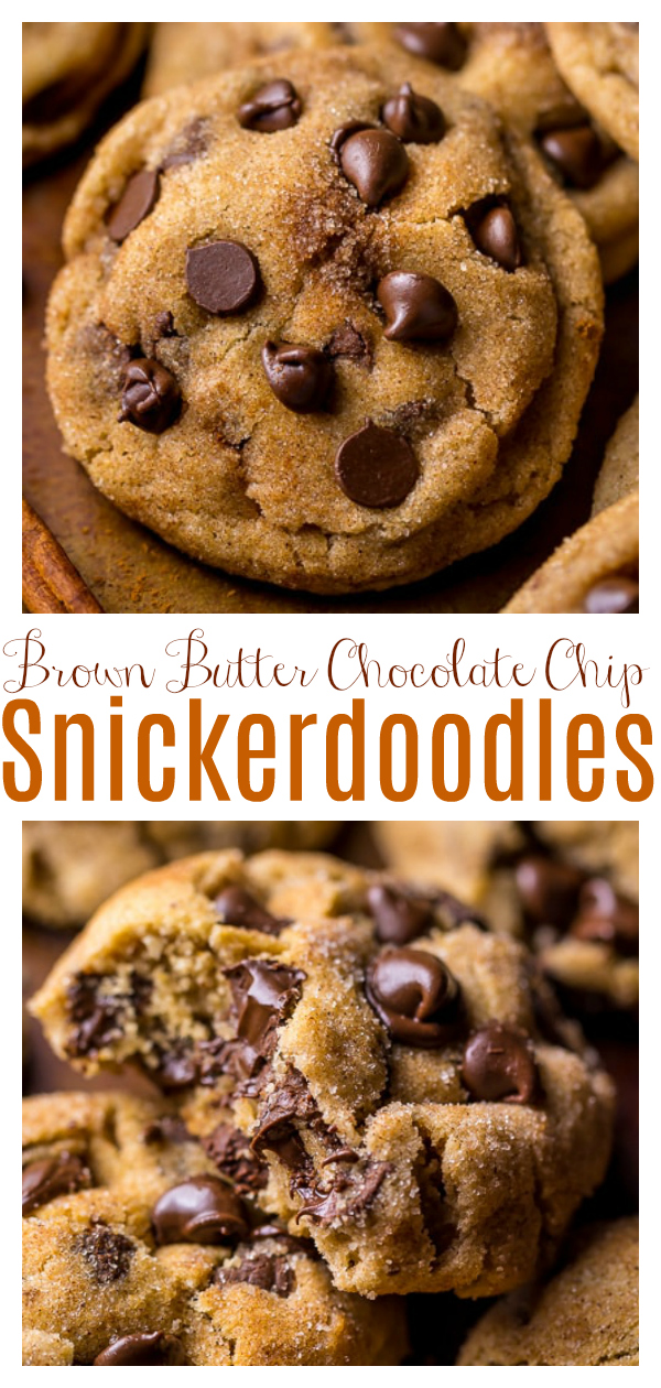 Thick and chewy, these Brown Butter Chocolate Chip Snickerdoodles are the ultimate holiday cookie!