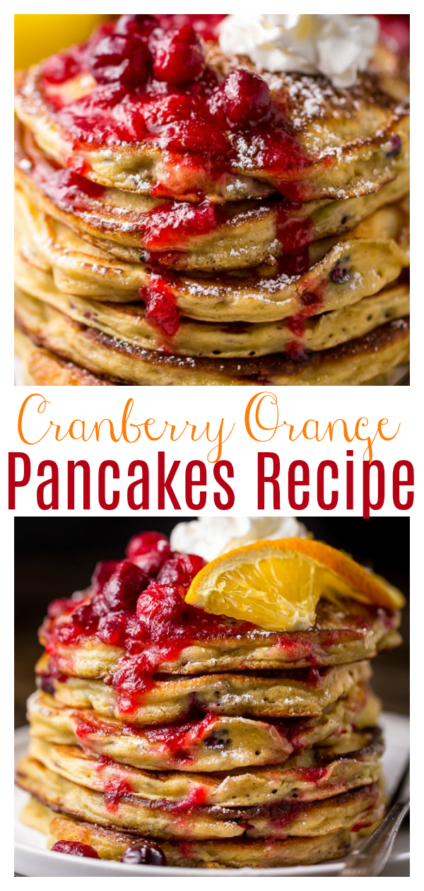 Fluffy and flavorful Cranberry Orange Pancakes are topped with Maple Cranberry Syrup! The perfect breakfast for Christmas morning!