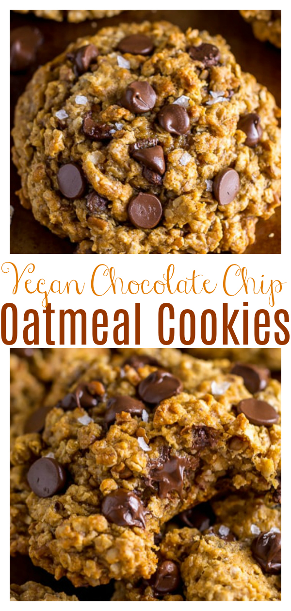 My Vegan Oatmeal Chocolate Chip Cookies are thick, chewy, and spiced with flavorful cinnamon, nutmeg, and molasses! A delicious holiday cookie recipe anyone can enjoy!