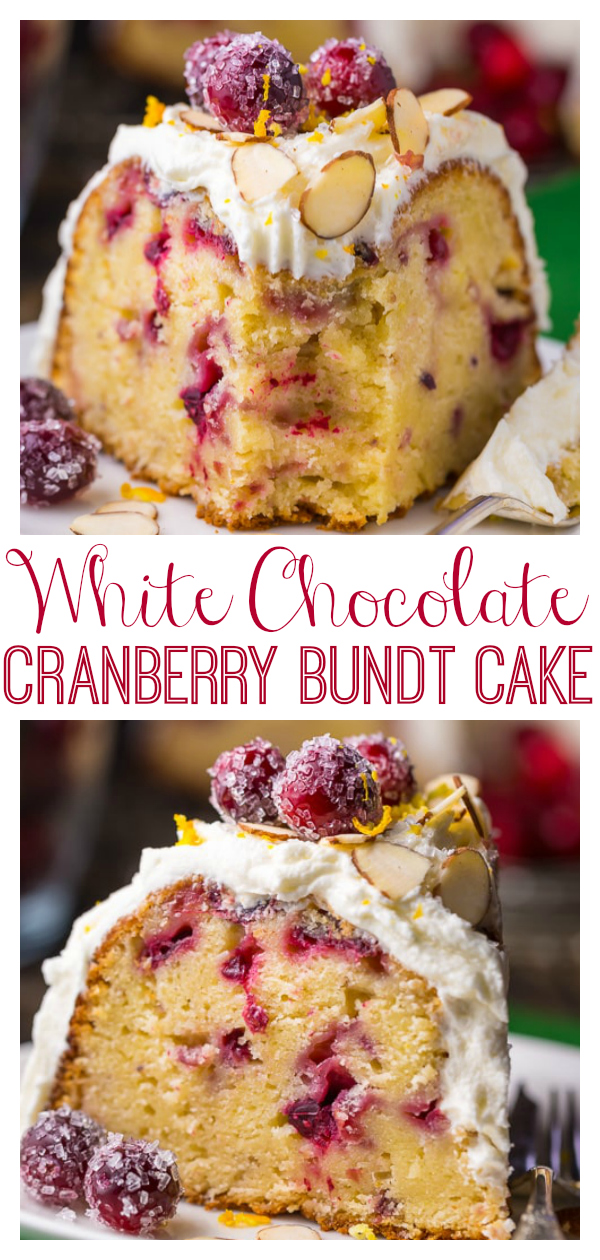 This White Chocolate Cranberry Bundt Cake is so festive and perfect for celebrating the holiday season! Top with sugared cranberries and fresh orange zest for a stunning presentation! Stays fresh for up to 5 days!
