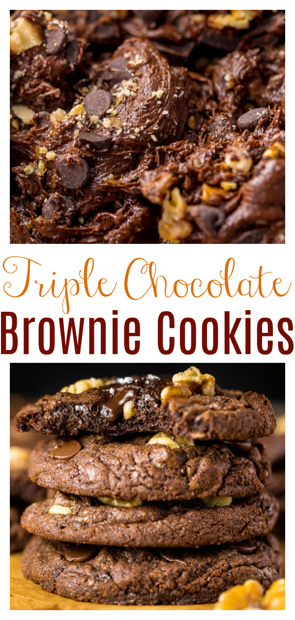 These Triple Chocolate Brownie Cookies are SO decadent! Soft, fudgy, and sprinkled with crunchy walnuts, it’s just like eating a brownie, but in a cookie form. This brownie cookie recipe is always a hit with chocolate lovers!