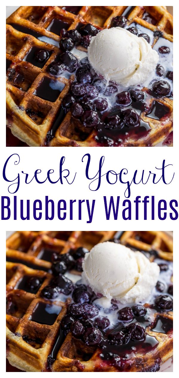 Homemade Greek Yogurt Blueberry Waffles topped with Fresh Blueberry Sauce. Fluffy, crispy, phenomenal. The perfect waffle recipe for special breakfast and brunch at home occasions!