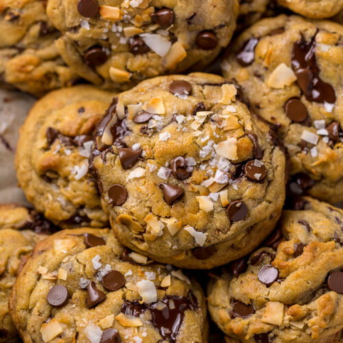 Ultra thick and chewy Brown Butter Coconut Chocolate Chip Cookies! These are so flavorful and freezer friendly!