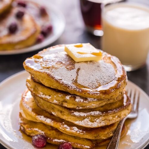 Fluffy and flavorful eggnog pancakes! These are so easy and perfect for Christmas morning!