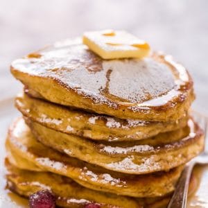 Fluffy and flavorful eggnog pancakes! These are so easy and perfect for Christmas morning!