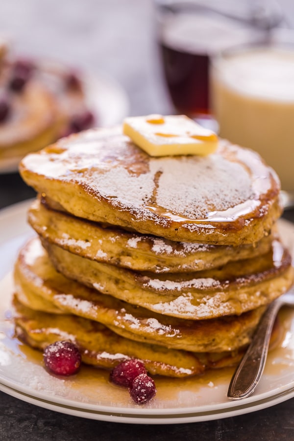 Fluffy and flavorful eggnog pancakes! These are so easy and perfect for Christmas morning!