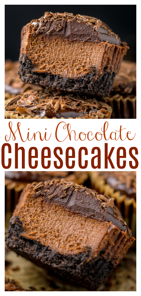 These rich and creamy Mini Chocolate Cheesecakes are made in a muffin pan! So easy and perfect for serving a crowd. Make up to two months in advance and store in the freezer!
