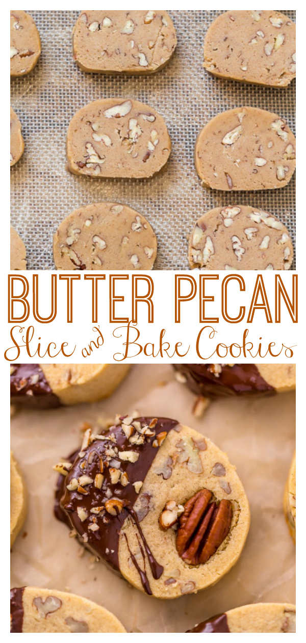 These delicious Butter Pecan Slice and Bake Cookies are so easy and made with just 7 ingredients! These buttery shortbread cookies are loaded with crunchy pecans and then dunked in sweet chocolate. These cookies are so good with a cup of coffee or tea!