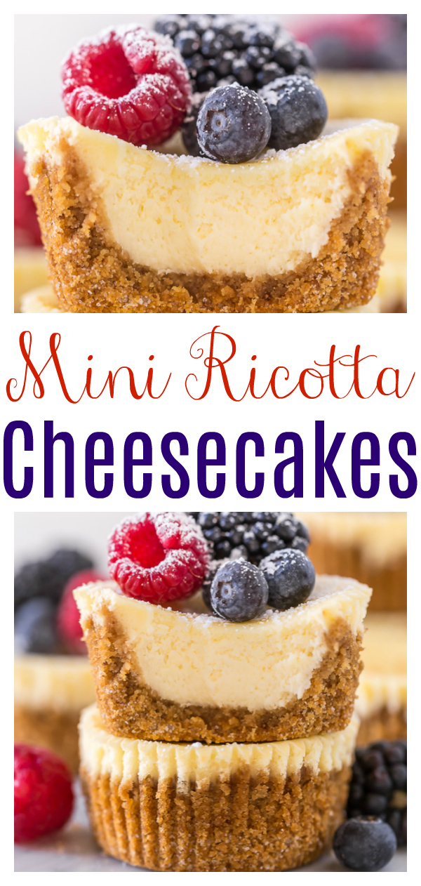 Mini Ricotta Cheesecakes are rich, creamy, and baked in a muffin tin! No water bath required for this mini cheesecake recipe. These little cuties are so perfect for parties and are always a crowd pleaser!