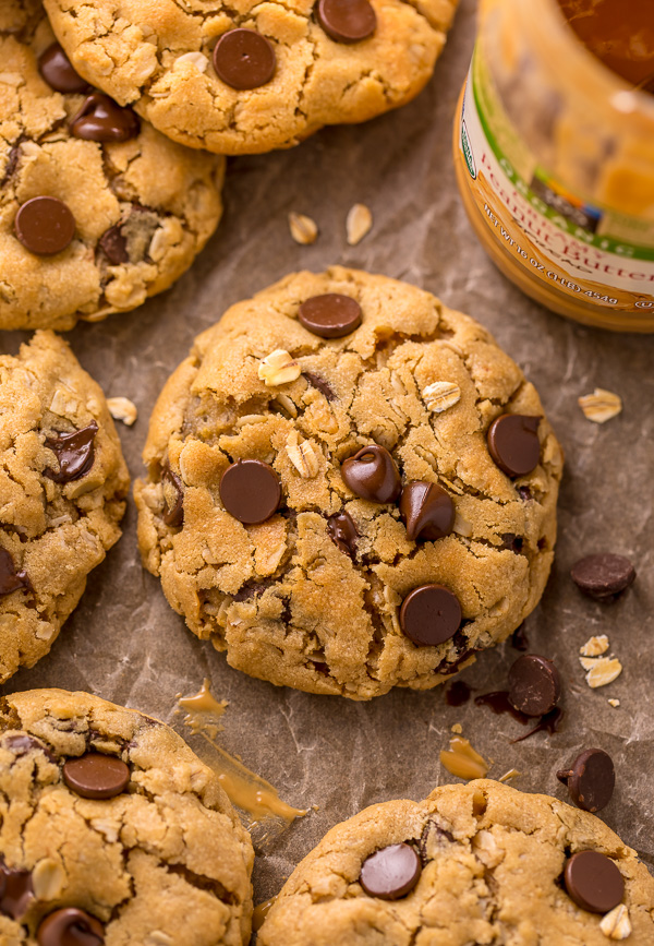 These Peanut Butter Oatmeal Chocolate Chip Cookies are so thick and chewy! Loaded with creamy peanut butter flavor, old-fashioned oats, and chocolate chips, these are a must try for peanut butter lovers! You don't have to chill the cookie dough, which makes this recipe quick and easy to bake.