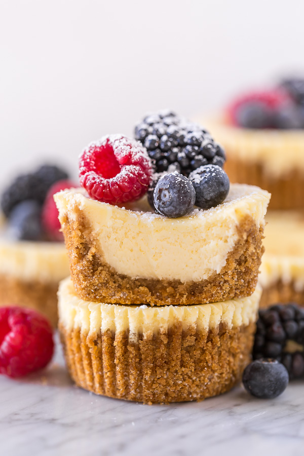 Mini Ricotta Cheesecakes are rich, creamy, and baked in a muffin tin! No water bath required for this mini cheesecake recipe. These little cuties are so perfect for parties and are always a crowd pleaser!