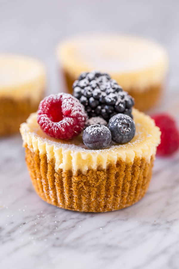 Mini Ricotta Cheesecakes are rich, creamy, and baked in a muffin tin! No water bath required for this mini cheesecake recipe. These little cuties are so perfect for parties and are always a crowd pleaser!