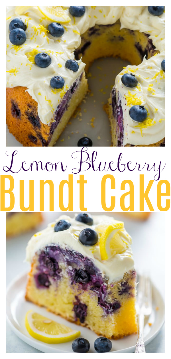 Lemon Blueberry Bundt Cake... Aka how to use up your abundance of blueberries this Summer!!! Topped with lemon cream cheese frosting and extra blueberries, this is a great Summer dessert. Everyone loves this!