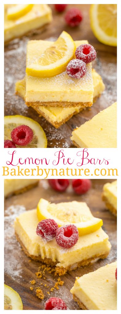 These Lemon Pie Bars are made with lemon juice, lemon zest, and lemon extract, so you know they're loaded with lemon flavor! Sprinkle each bar with powdered sugar and serve with fresh raspberries. Anyone who loves lemon should try this easy lemon dessert!!!