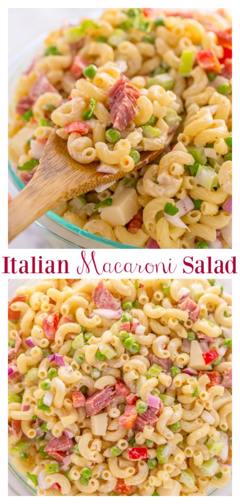 This Easy Italian Macaroni Salad Recipe features elbow noodles, bell peppers, celery, onion, sharp provolone, and salami! And the dressing is so creamy and flavorful! This is the perfect macaroni salad for parties, picnics, and backyard bbqs.