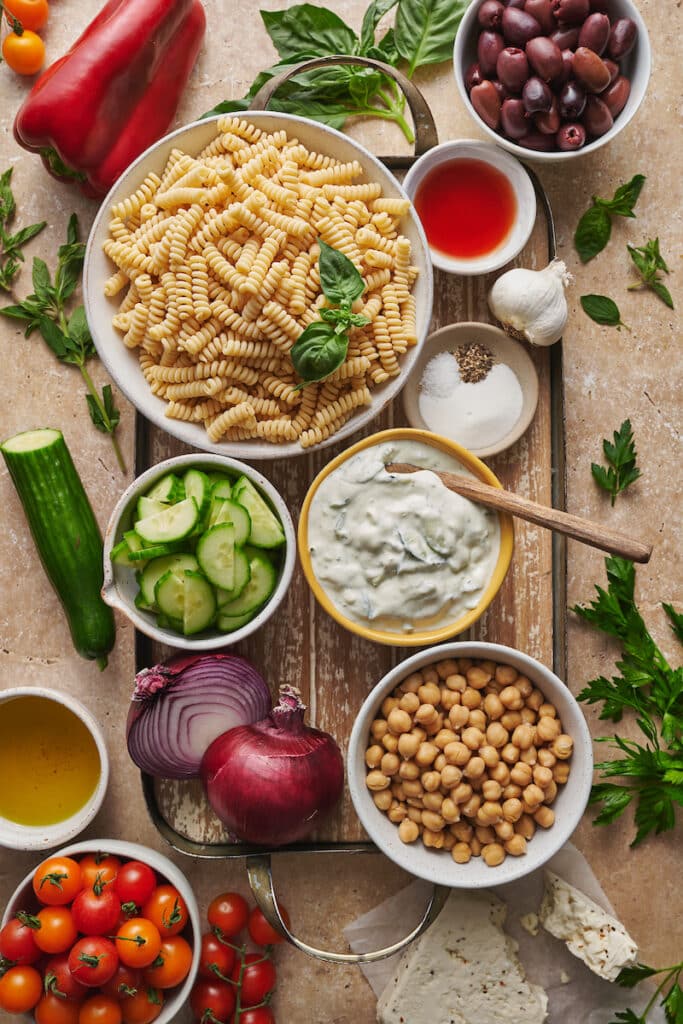 Greek pasta salad ingredients.
