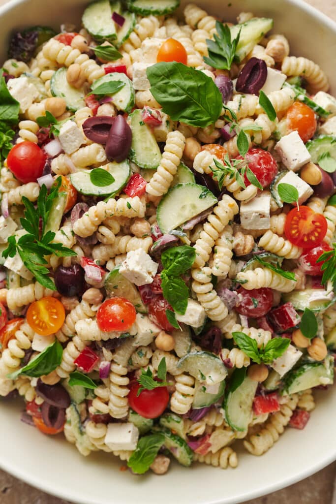 Big bowl of Greek pasta salad.