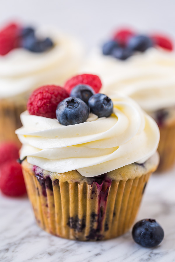 These Red, White and Blueberry Cupcakes are light, fluffy, and so festive! Perfect for patriotic holidays like Memorial Day, the Fourth of July and Labor Day!