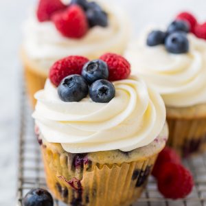 These Red, White and Blueberry Cupcakes are light, fluffy, and so festive! Perfect for patriotic holidays like Memorial Day, the Fourth of July and Labor Day!