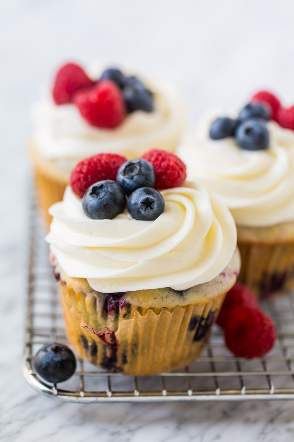 These Red, White and Blueberry Cupcakes are light, fluffy, and so festive! Perfect for patriotic holidays like Memorial Day, the Fourth of July and Labor Day!