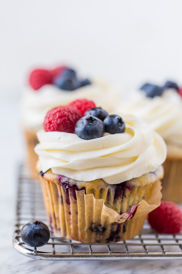 These Red, White and Blueberry Cupcakes are light, fluffy, and so festive! Perfect for patriotic holidays like Memorial Day, the Fourth of July and Labor Day!